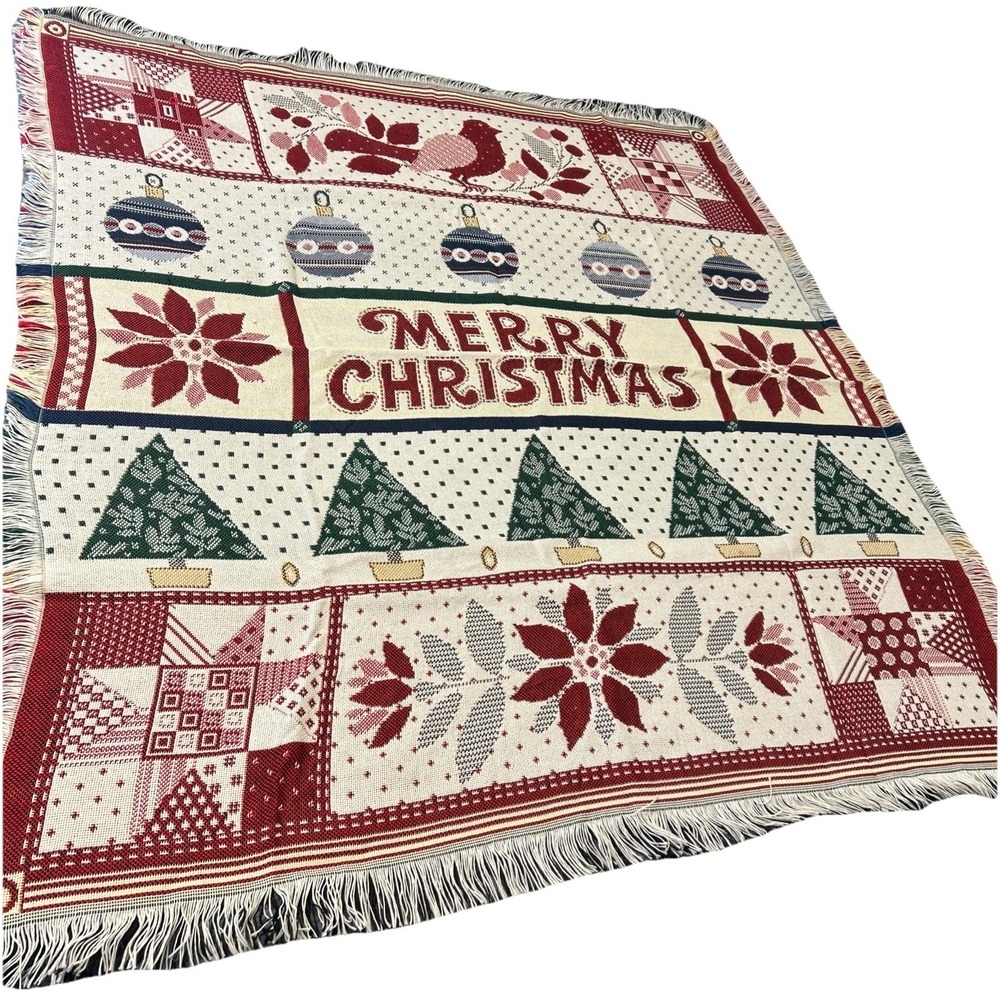 American Weavers Christmas Poinsettia Tapestry Throw Blanket 53"x58"
